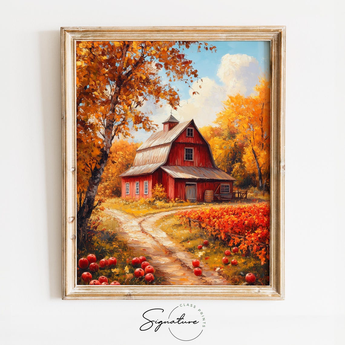 Red Barn With Apple Orchard Path Golden Fall Trees Farm Scene Poster