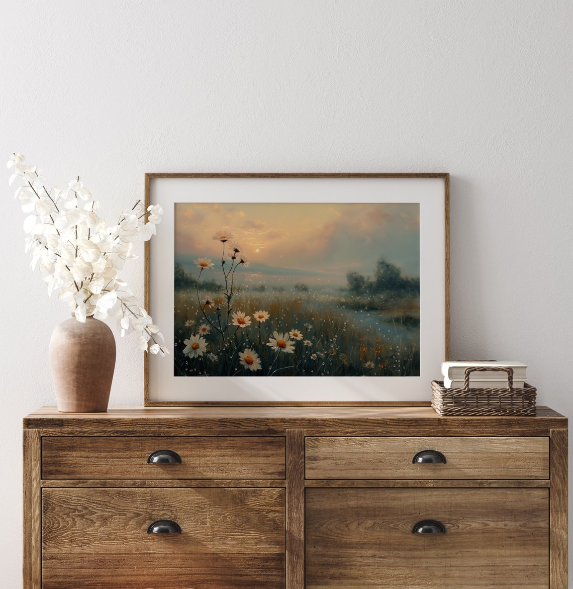 Dewy White Daisies Dawn Misty Sunrise Meadow Soft Floral Nature Poster - Image 3