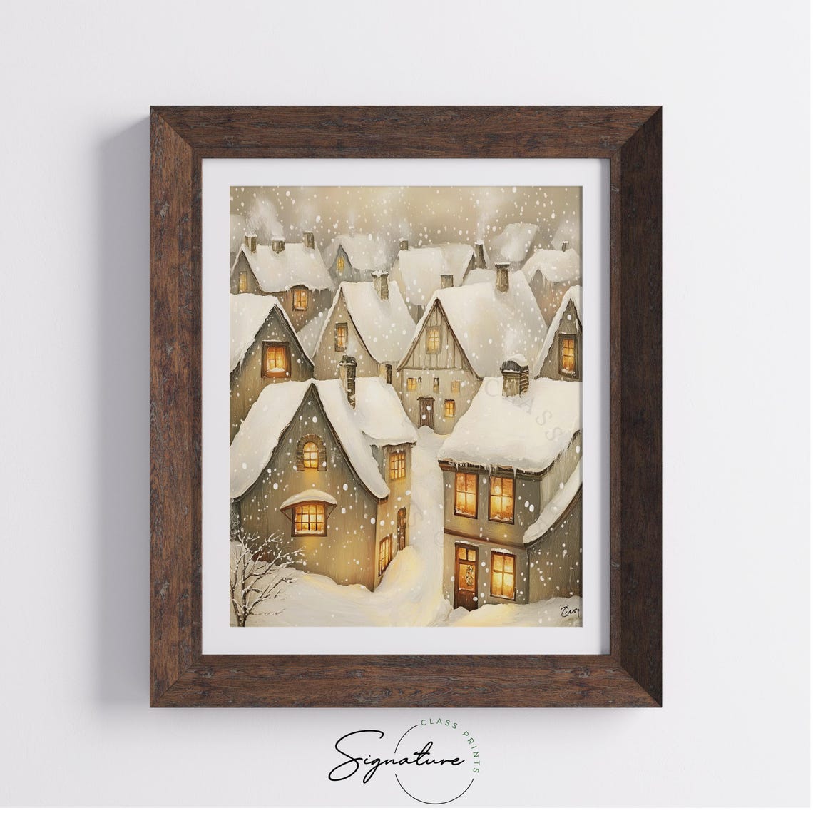 Cozy Snowy Cottages with Glowing Windows in Soft Snowfall Poster - Image 3