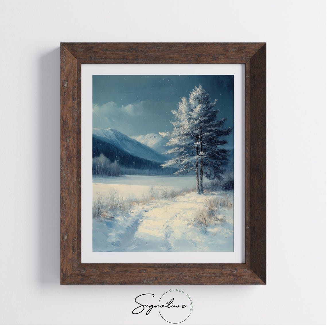 Moonlit Frosty Meadow With Snowy Tree And Mountain View Poster - Image 3