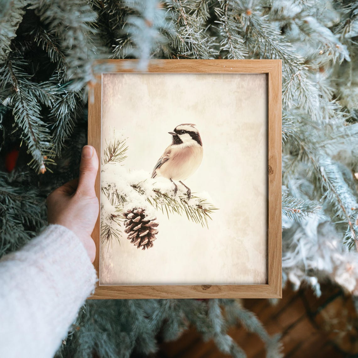 Snowy Chickadee Perched on Frosted Pine Branch Winter Bird Art Poster - Image 6