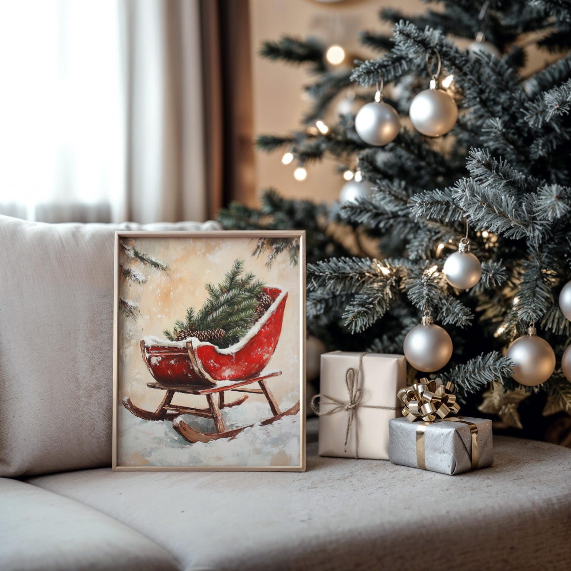 Red Vintage Sleigh Filled With Pine Branches and Pinecones Snow Poster - Image 5
