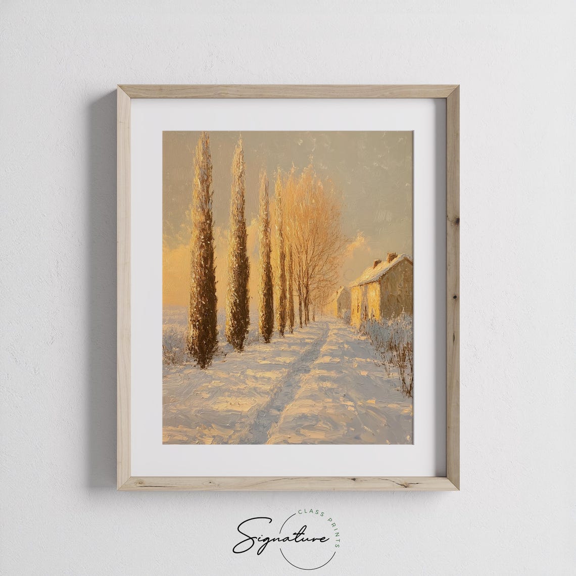 Golden Cypress Lined Snowy Path Winter Countryside Scene Poster - Image 2