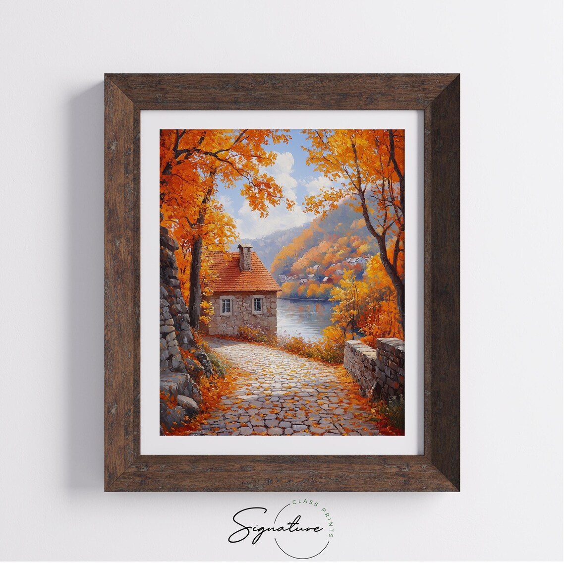 Stone Cottage By The River At The End Of A Golden Cobblestone Lane Poster - Image 4