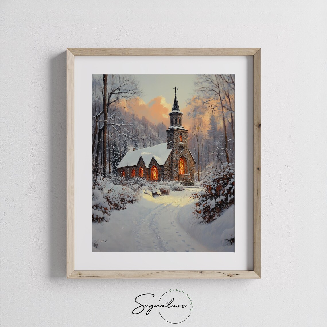 Historic Stone Church In Snow, Rustic Holiday Print - Image 2