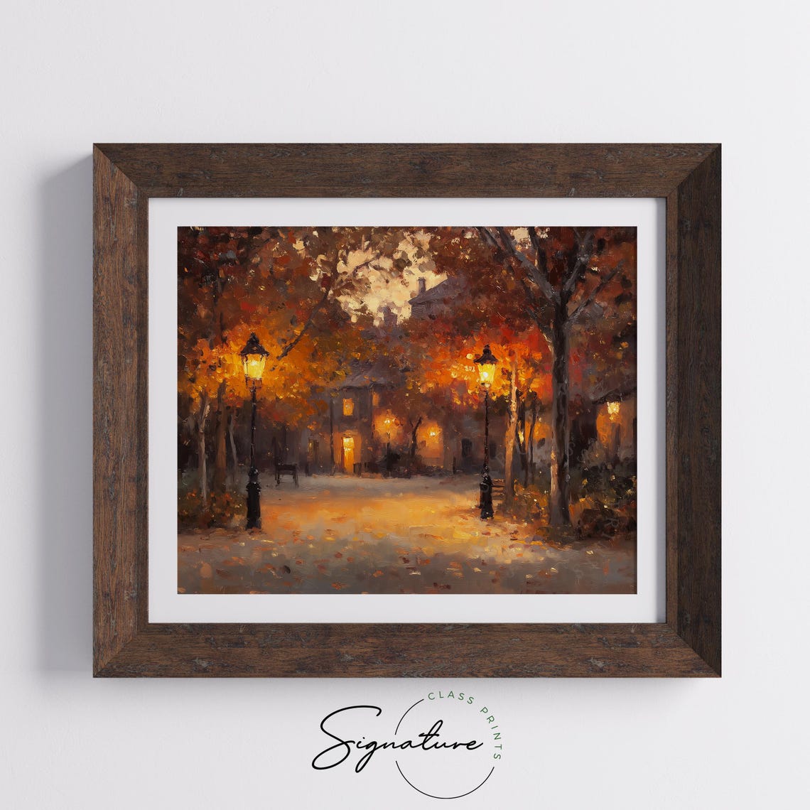 Cozy Autumn Town Square Dusk Lamp Lit Streets Moody Fall Art Poster - Image 5