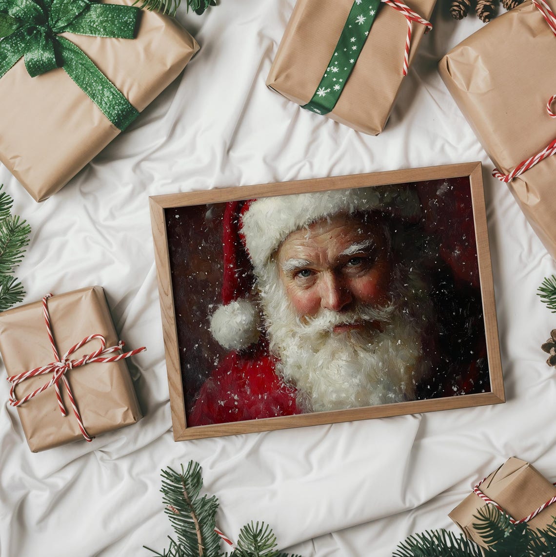 Santa Claus Close Up Portrait Falling Snow Red Background Poster - Image 2