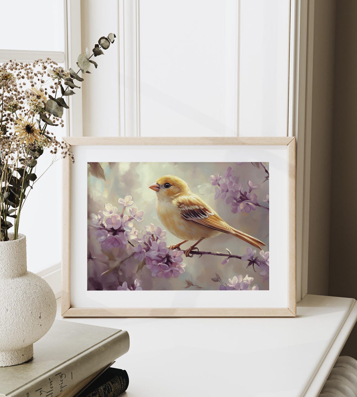 Yellow Canary Among Purple Lilac Blossoms Pastel Spring Poster - Image 4