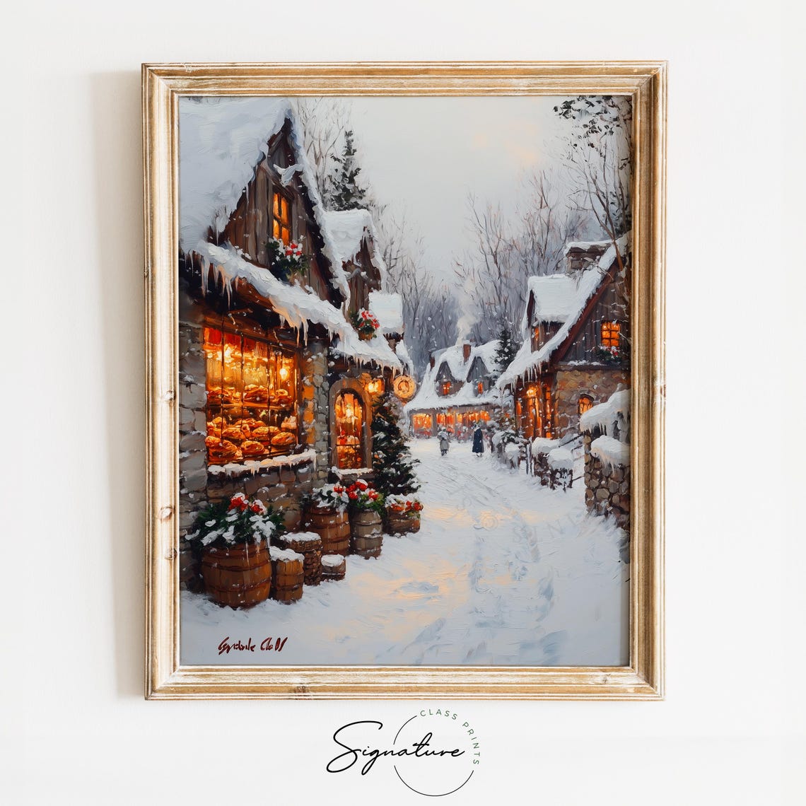 Snowy Village Bakery Street with Glowing Windows at Dusk Poster