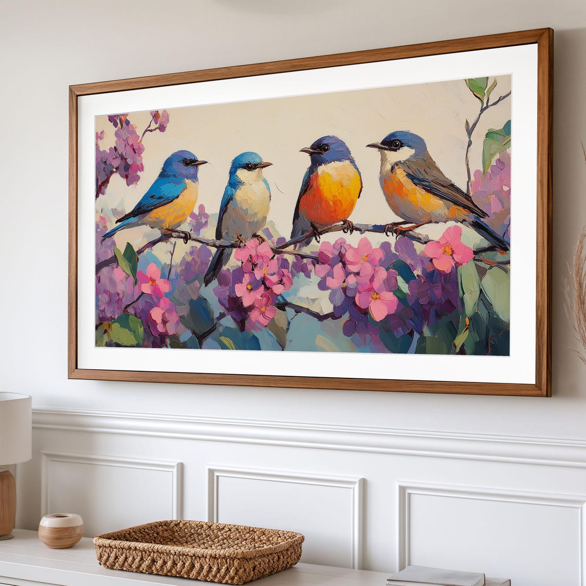 Four Warblers On Blossoming Branch Spring Bird Frame Art Print - Image 2