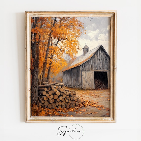 Weathered Barn with Firewood Stack Under Orange Maple Trees Poster
