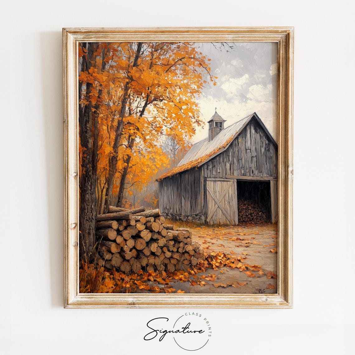 Weathered Barn with Firewood Stack Under Orange Maple Trees Poster
