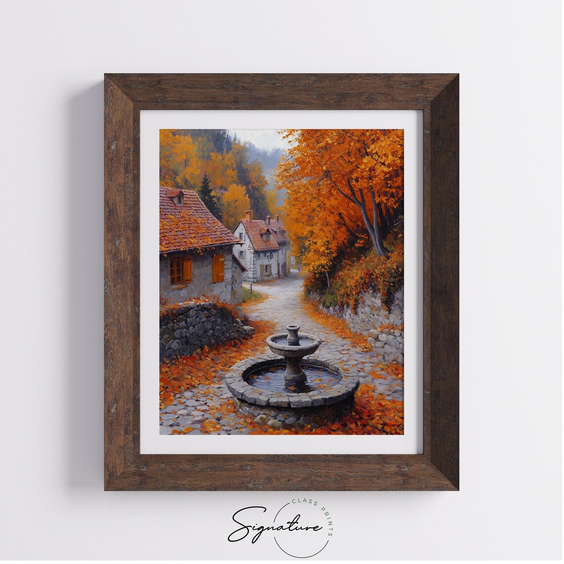 Autumn Village Fountain Old Town Cobblestone Street Orange Trees Poster - Image 4