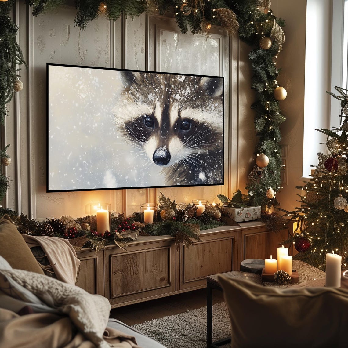 Raccoon Face Winter Frame Tv Art Frosty Whiskers Animal Painting Rustic Woodland Tv Art Cozy Cottagecore Holiday Decor 2305 - Image 3