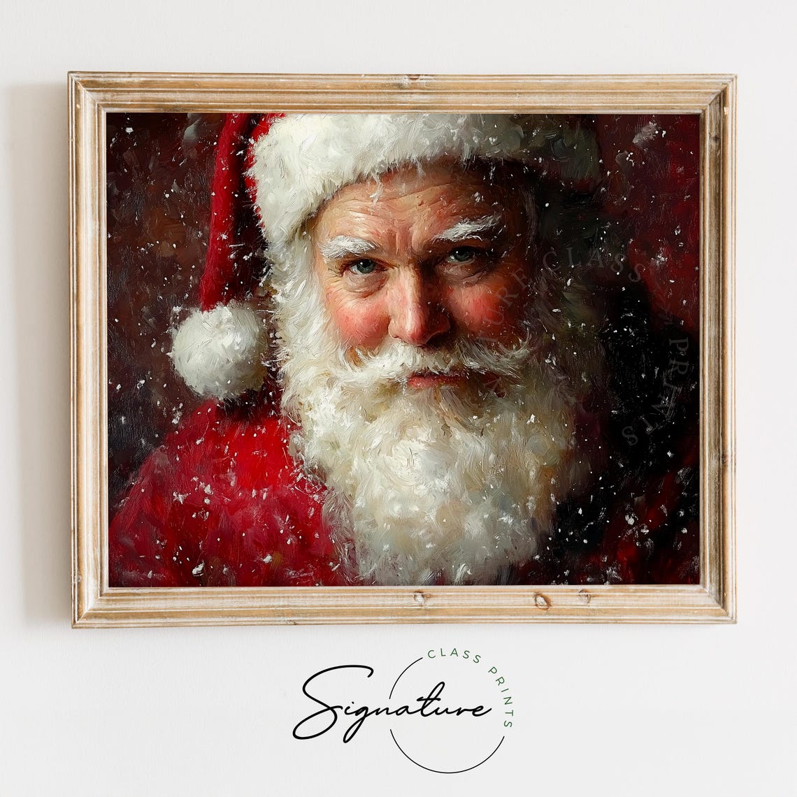 Santa Claus Close Up Portrait Falling Snow Red Background Poster
