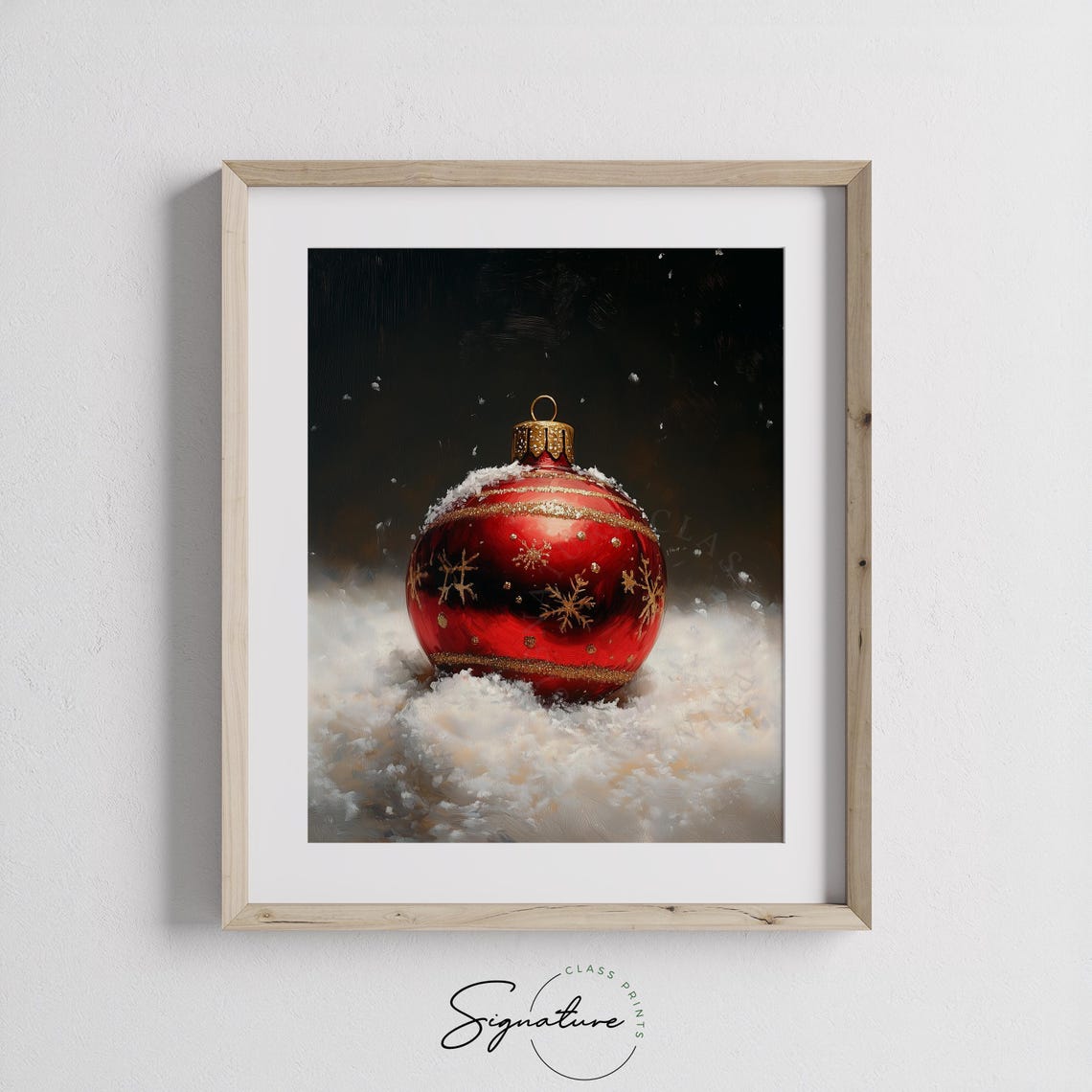 Red Christmas Ornament in Snow Gold Snowflakes Painting Poster - Image 3
