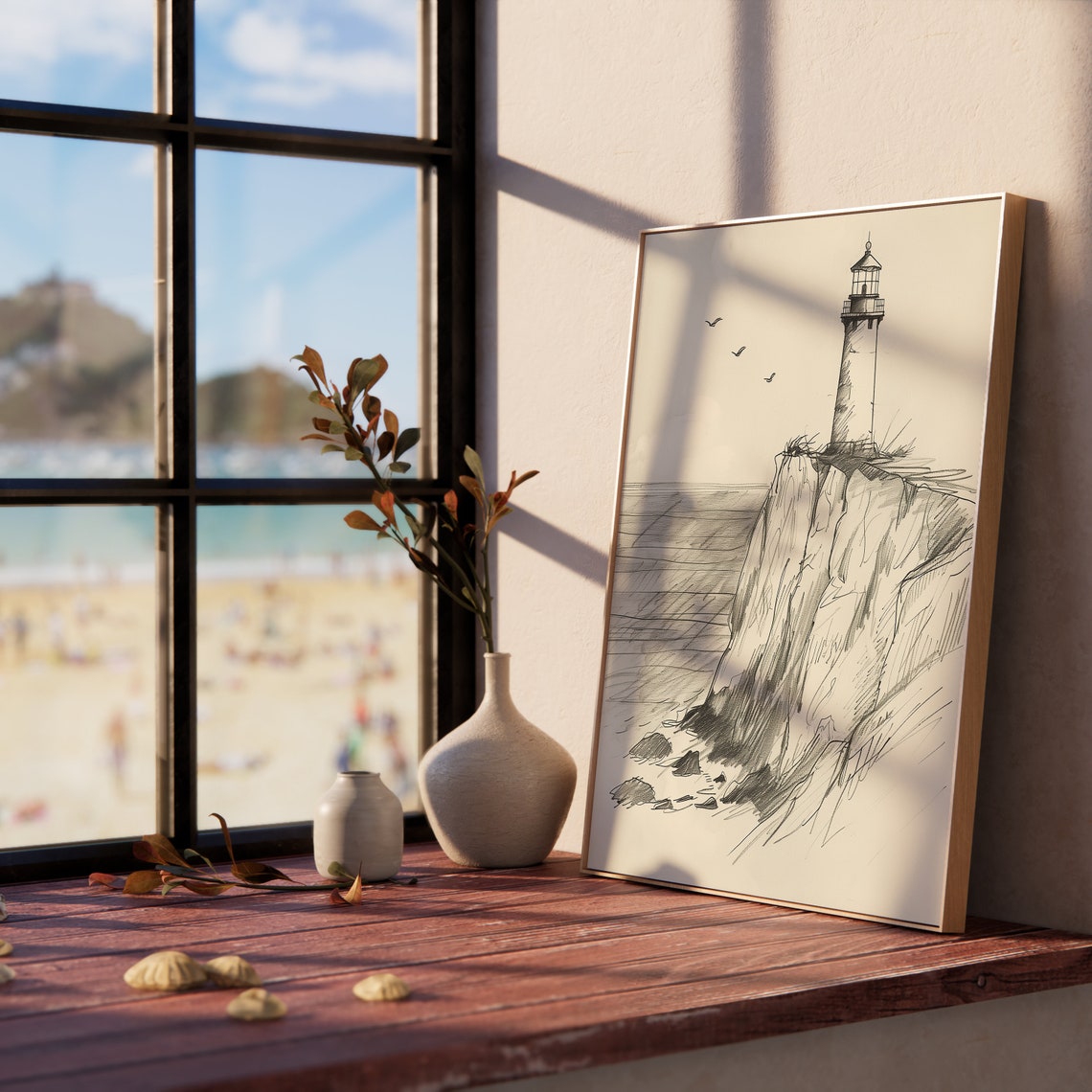 Lonely Lighthouse On Coastal Cliff Pen Sketch Nautical Poster - Image 5