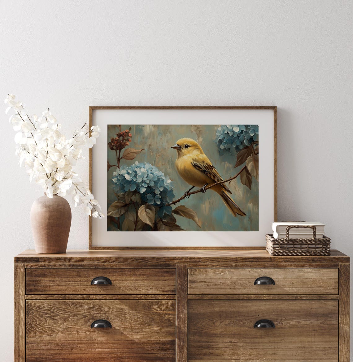 Goldfinch Perched Among Blue Hydrangeas Summer Bird Wall Art - Image 2