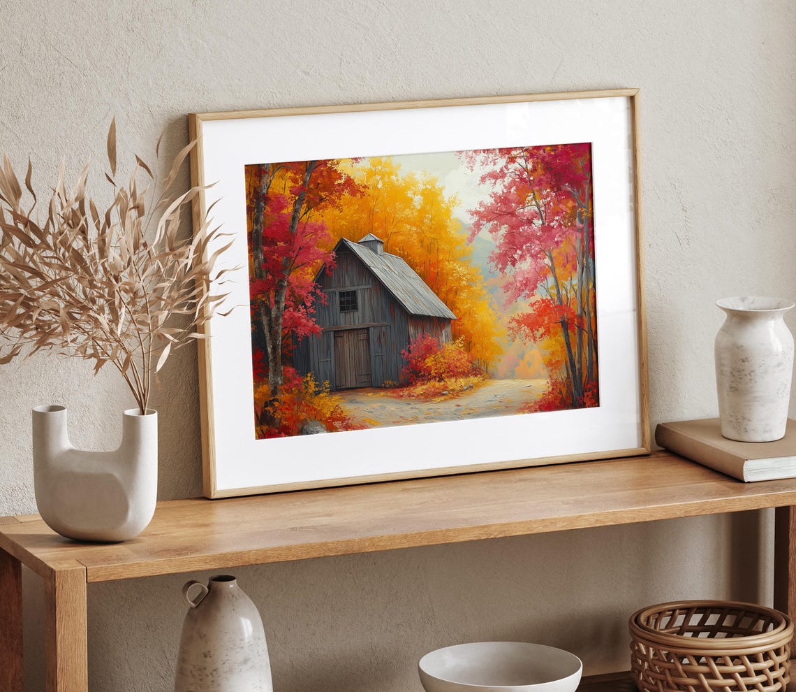 Gray Wooden Barn Hidden Among Crimson and Gold Autumn Maples Wall Art - Image 4