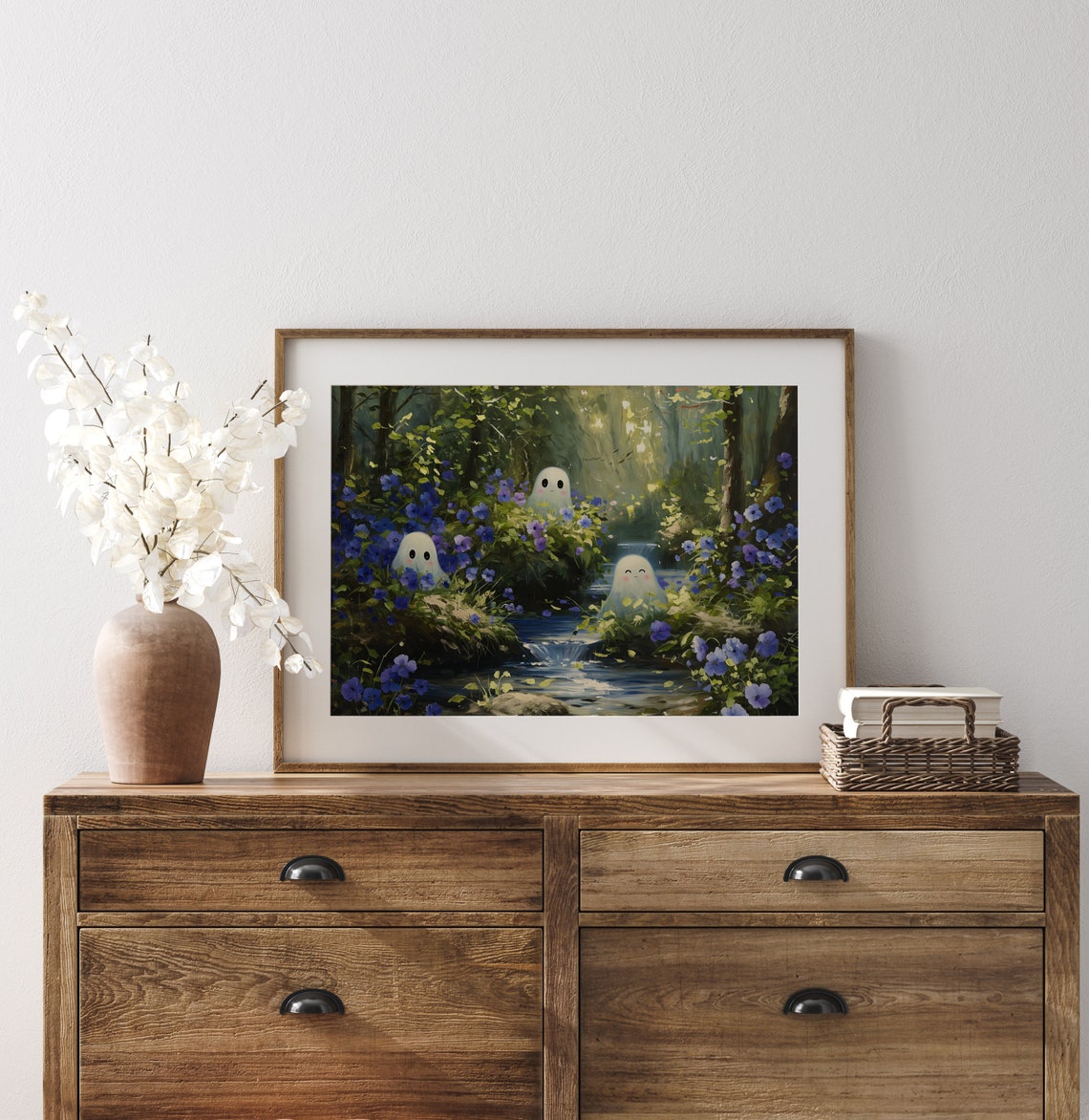 Cute Ghosts With Purple Flowers Painting Adorable Ghosts Discovering Delicate Flowers Whimsical Nature Decor Fall Wall Art 1039 - Image 2