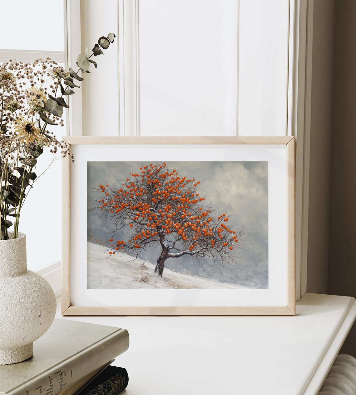 Persimmon Tree Laden With Orange Fruit On Snowy Slope Poster - Image 6