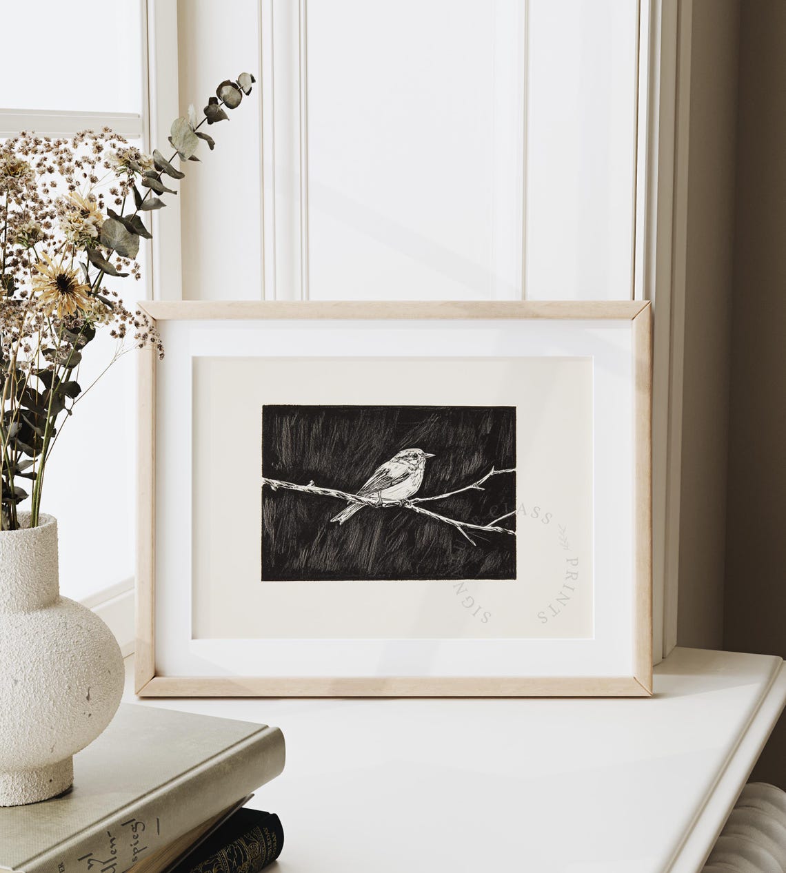 White Songbird On Branch Black Background Scratchboard Style Poster - Image 6