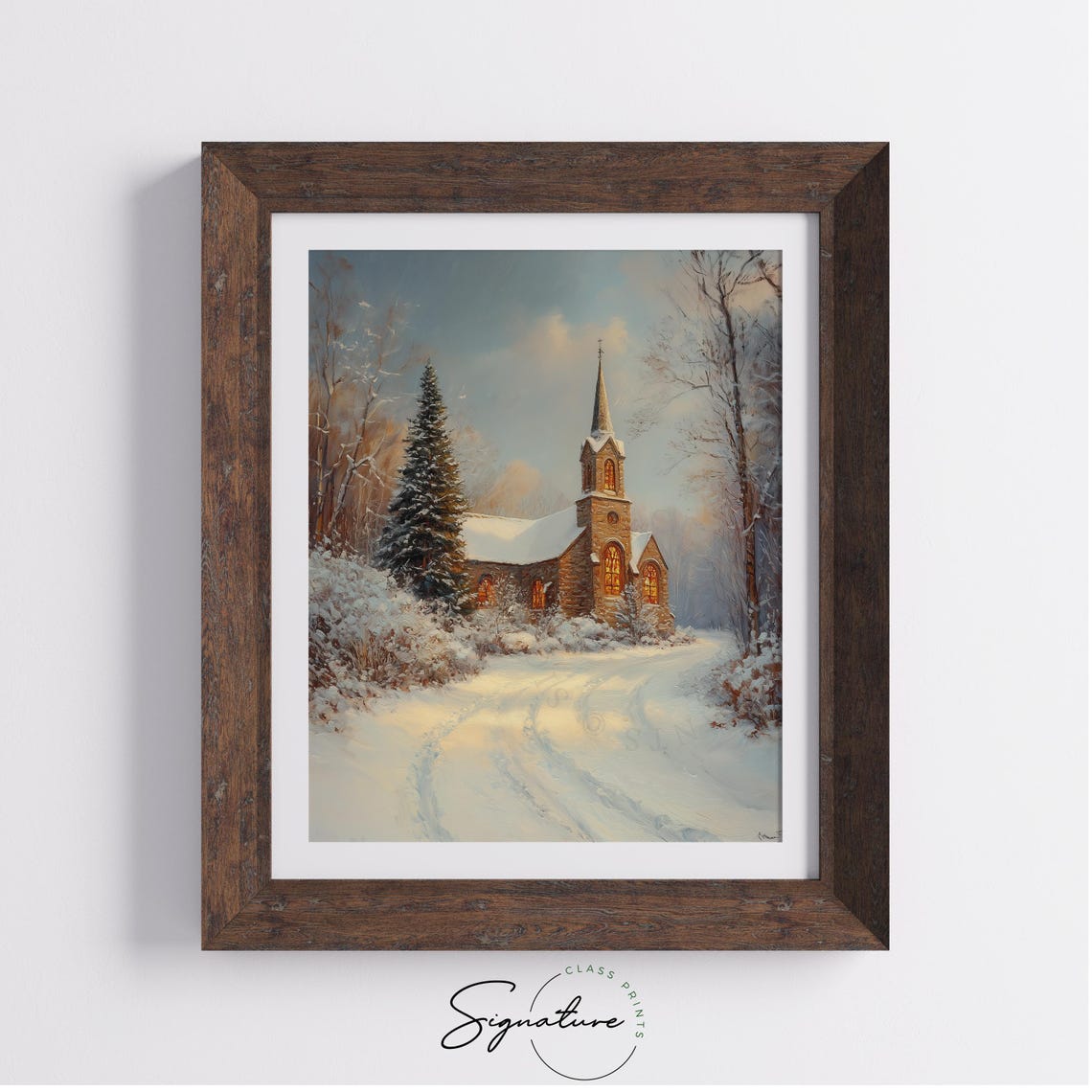 Historic Stone Church In Winter Snow With Glowing Windows Poster - Image 3