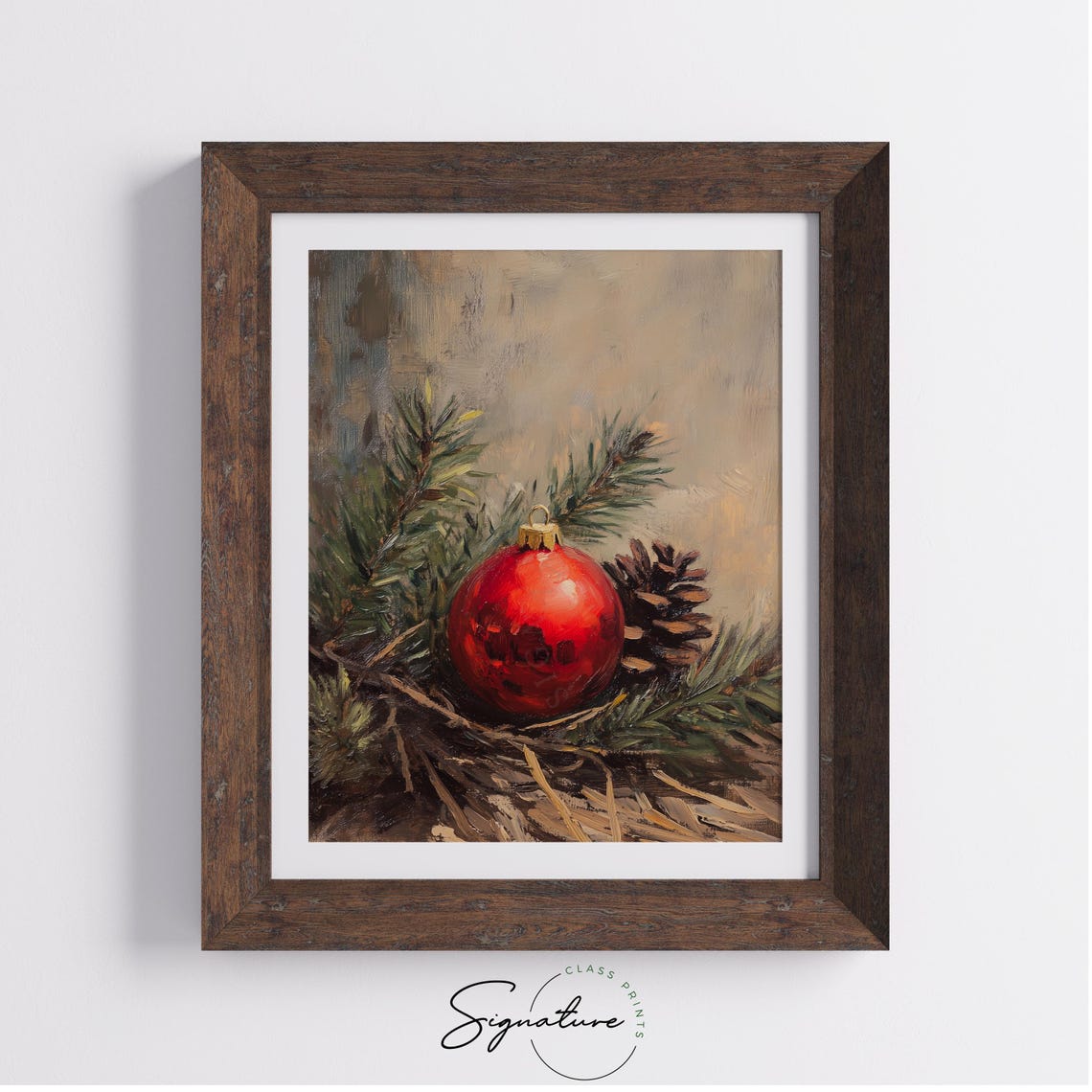 Red Christmas Ornament With Pinecone and Evergreen Branches Poster - Image 3
