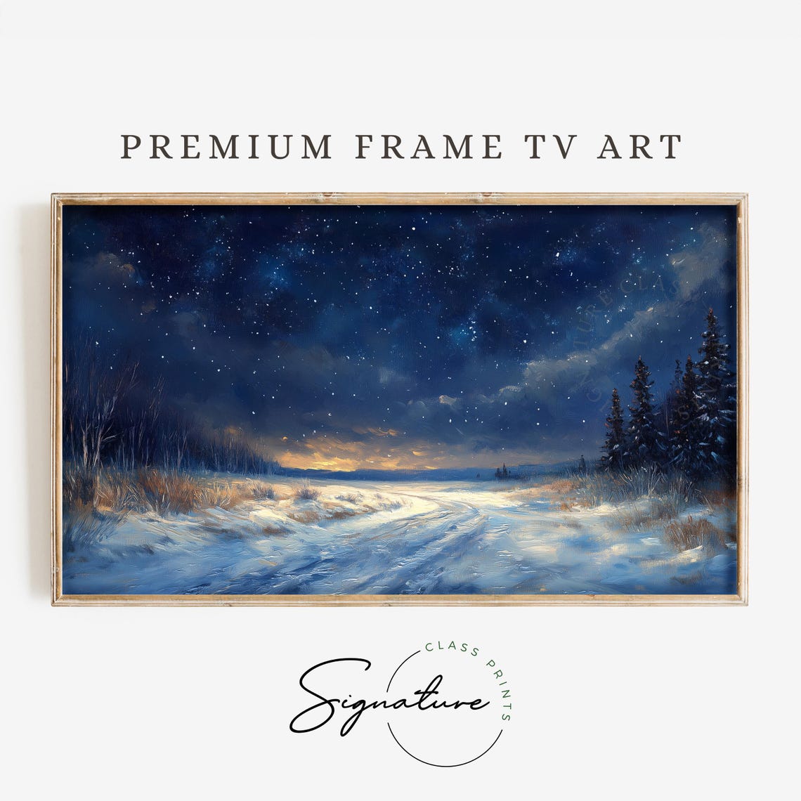 Starry Winter Night Snowy Meadow Golden Horizon Pines Moonlight Poster