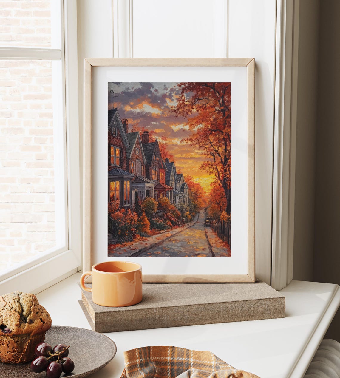 Brick Rowhouses Glowing at Dusk on a Cozy Autumn Street Poster - Image 6