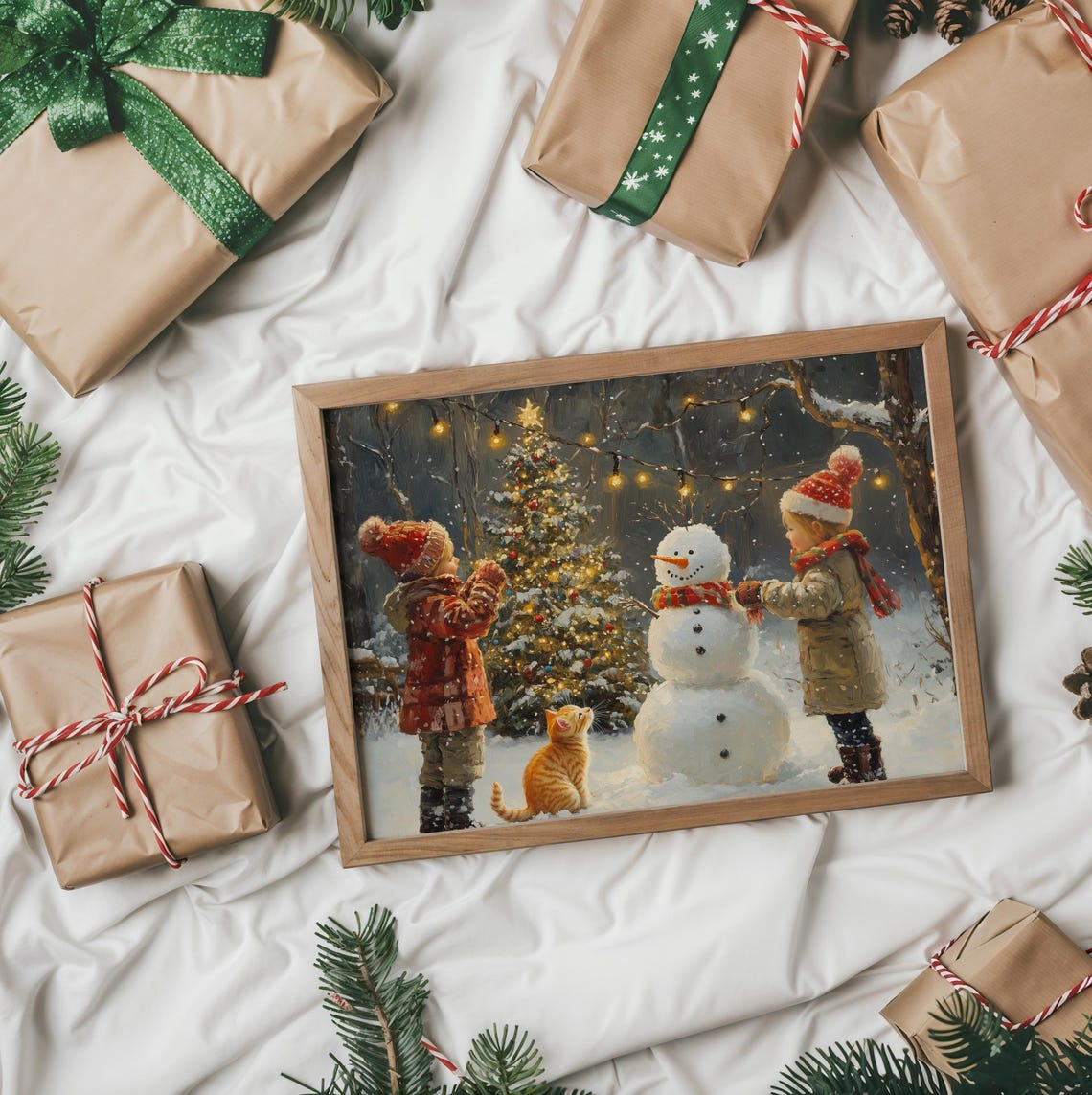 Children and Kitten With a Snowman by a Glowing Christmas Tree Poster - Image 2