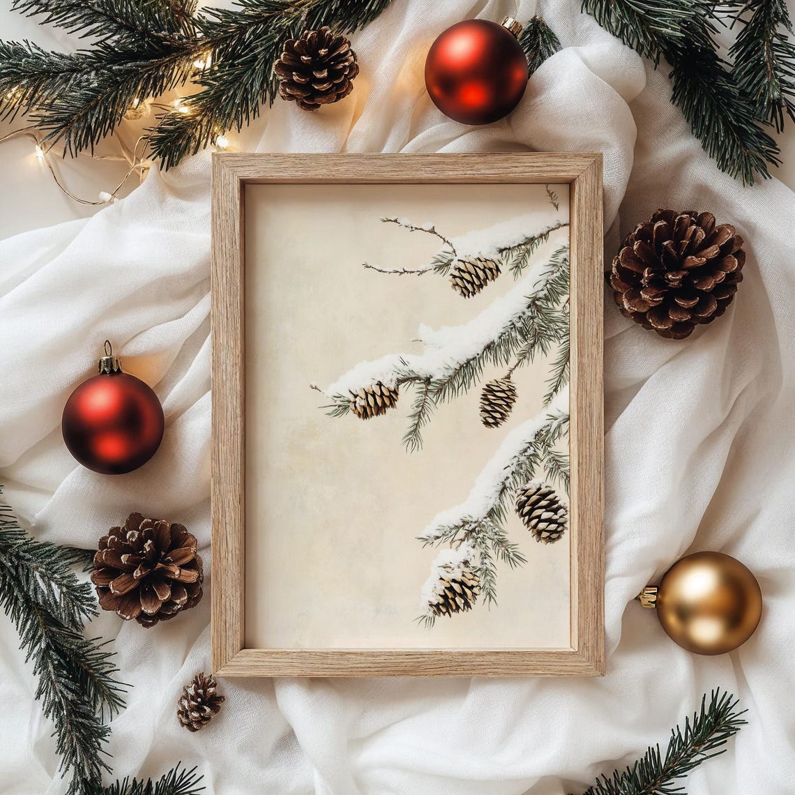 Snowy Pine Branch With Pinecones On Cream Minimalist Winter Wall Art - Image 4