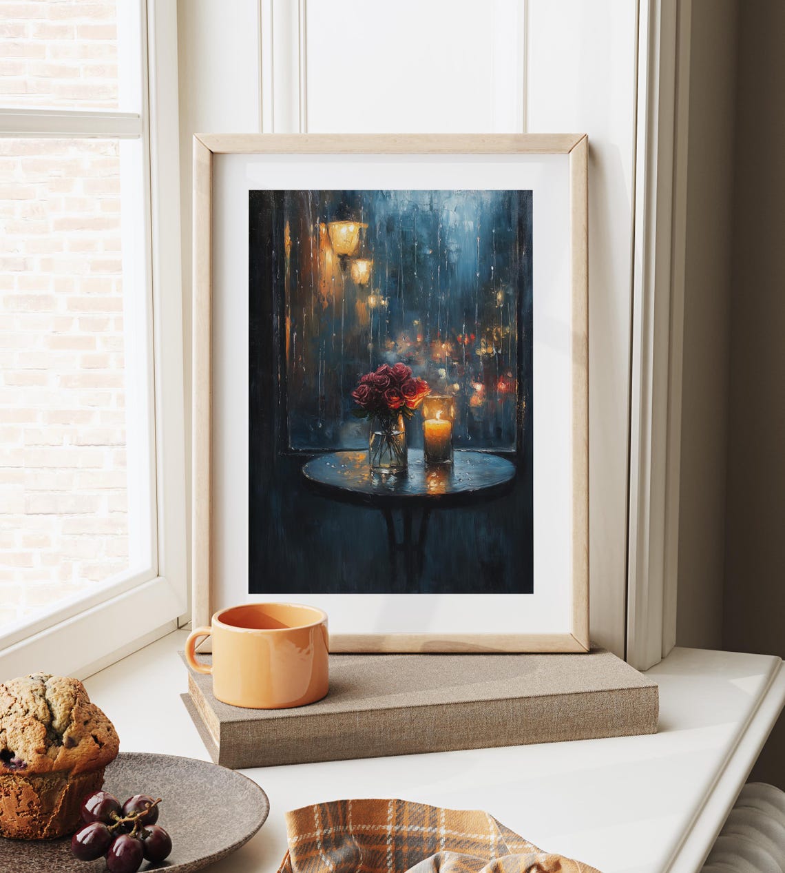 Rainy Night Cafe Window Roses Candlelight Moody Romantic Wall Art - Image 4