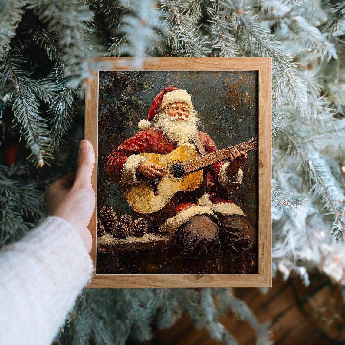 Santa Claus Playing Acoustic Guitar Christmas Oil Painting Print - Image 6