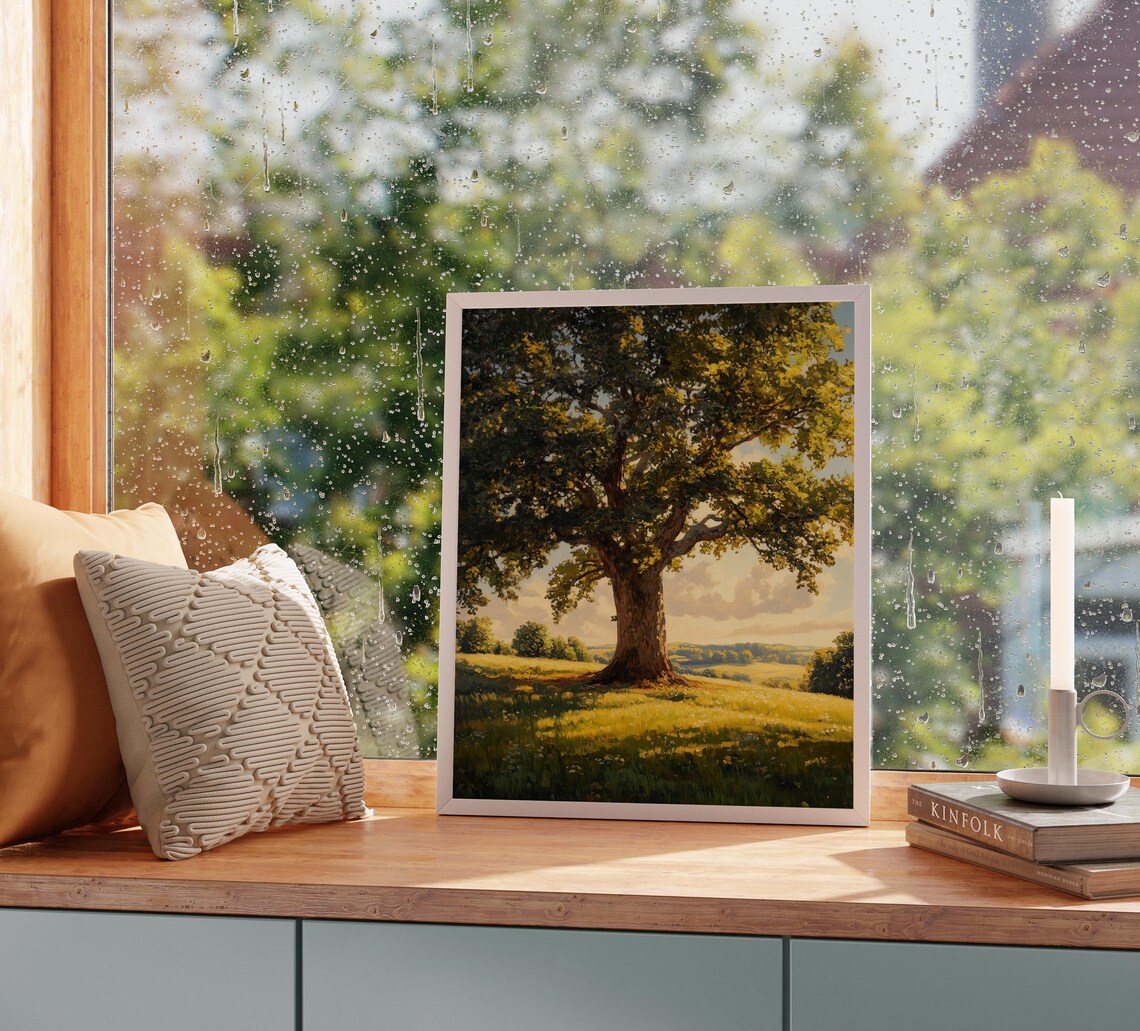 Majestic Oak Tree Sunlit Summer Meadow Countryside Landscape Art Poster - Image 2