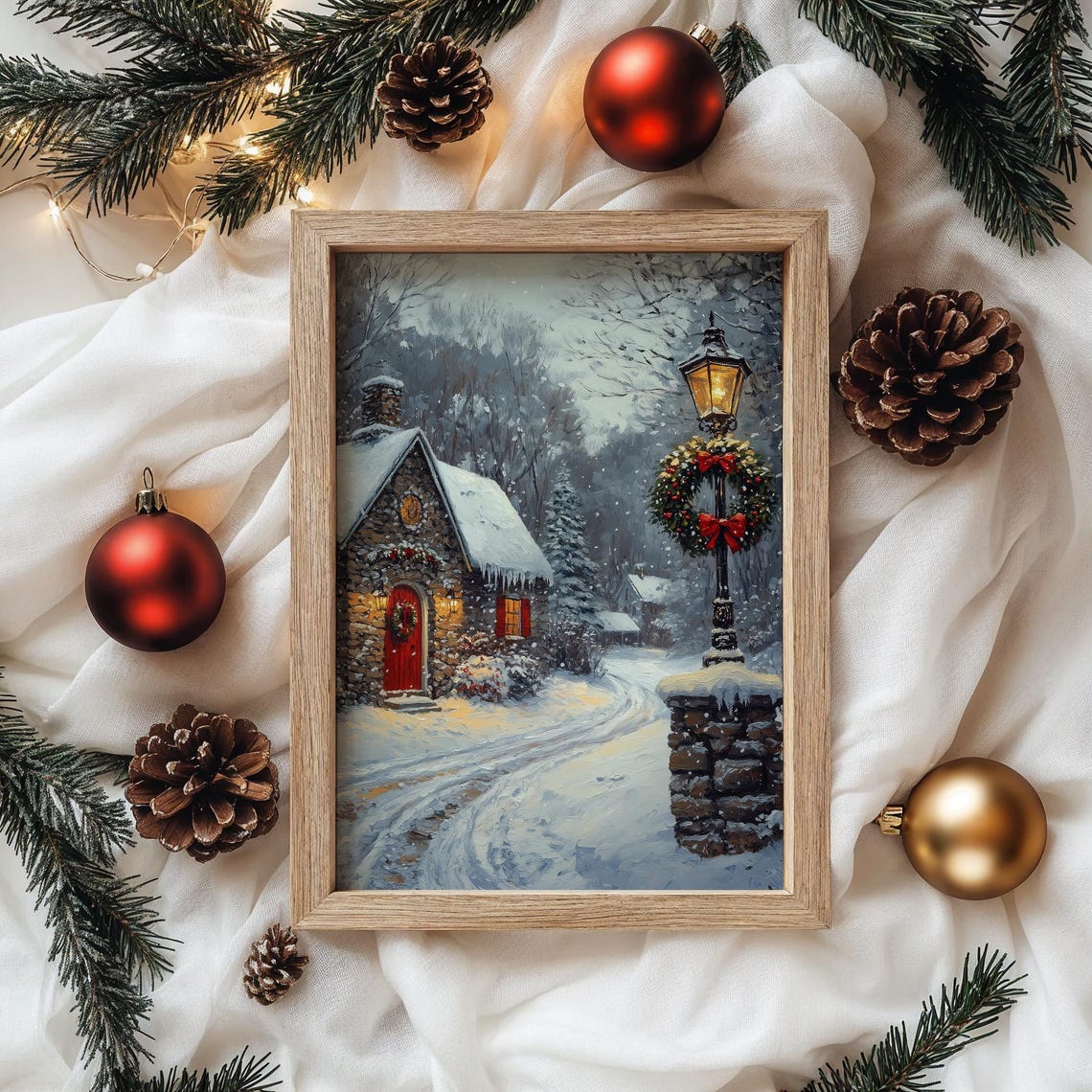 Stone Cottage with Red Door Wreath and Icicles Winter Poster - Image 4