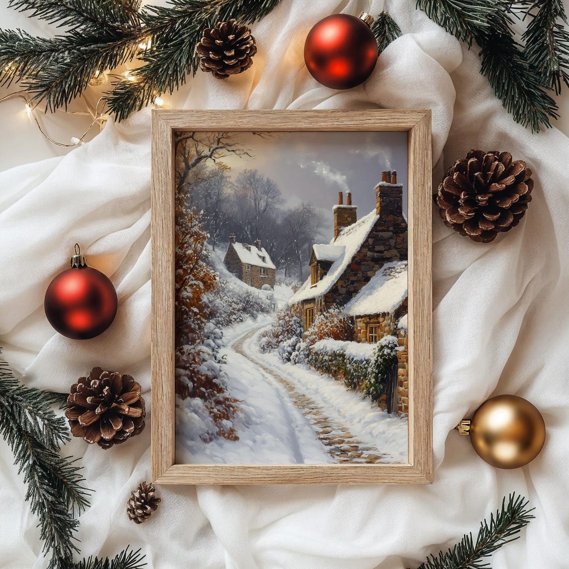 Snow Covered Stone Cottages on a Quiet Winter Lane at Dusk Poster - Image 4