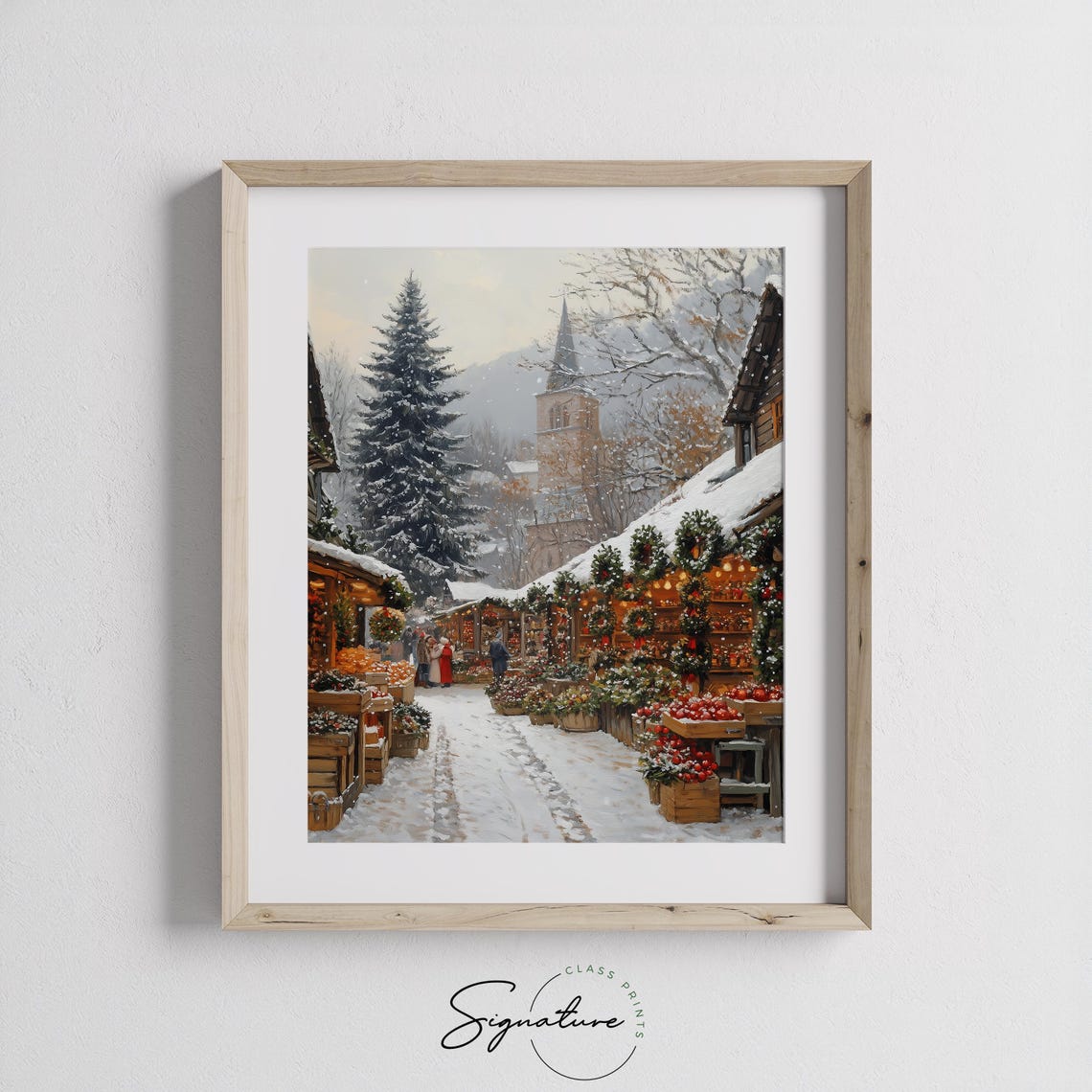 Snowy Christmas Market Street with Wreaths Church and Tree Poster - Image 2