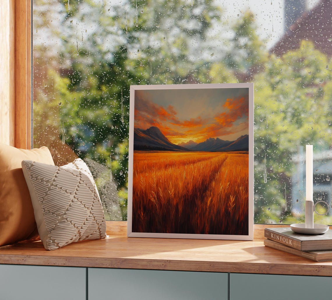 Autumn Wheat Field Sunset Mountain Valley Fiery Cloudscape Poster - Image 2