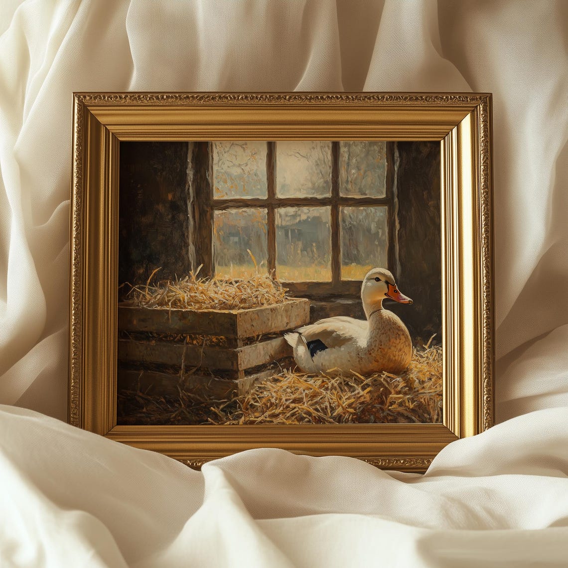 Duck Resting on Golden Straw Barn Interior Warm Rustic Farm Poster - Image 3