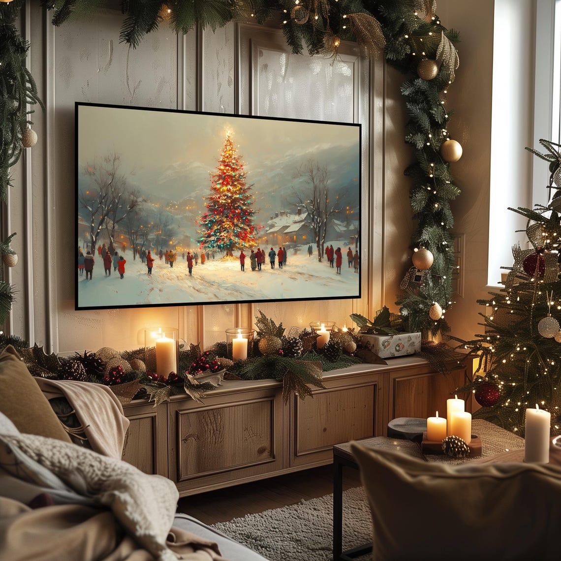 Town Christmas Tree Lighting Crowd In A Snowy Village Square Poster - Image 3