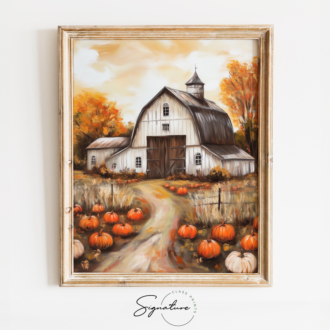 White Barn Surrounded by Pumpkins on Winding Farm Lane in Autumn Wall Art