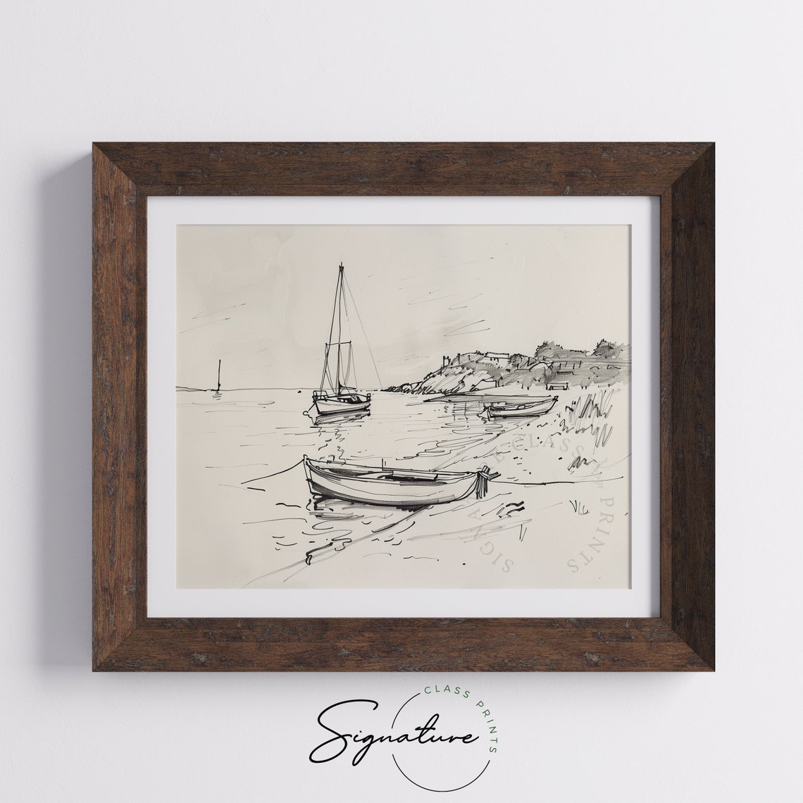 Quiet Cove Sailboats Drifting Boats Ink Line Coastal Sketch Poster - Image 5