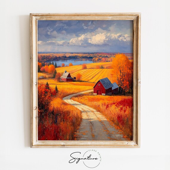 Autumn Farmland Panorama Red Barns Golden Fields Lake View Poster