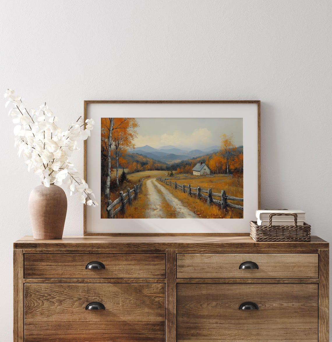 Country Road Between Split Rail Fences to Old Farmhouse Poster - Image 3