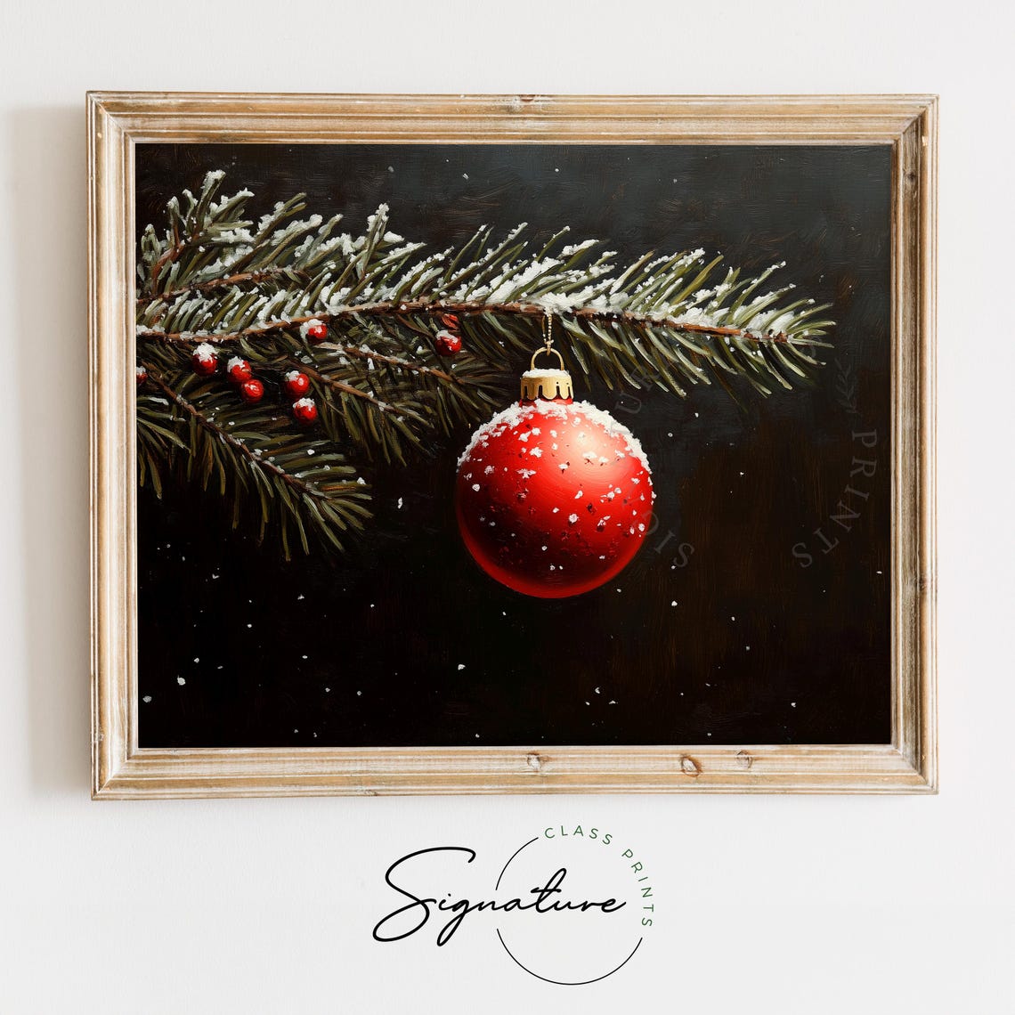 Red Christmas Ornament On Snowy Evergreen Branch Dark Style Poster
