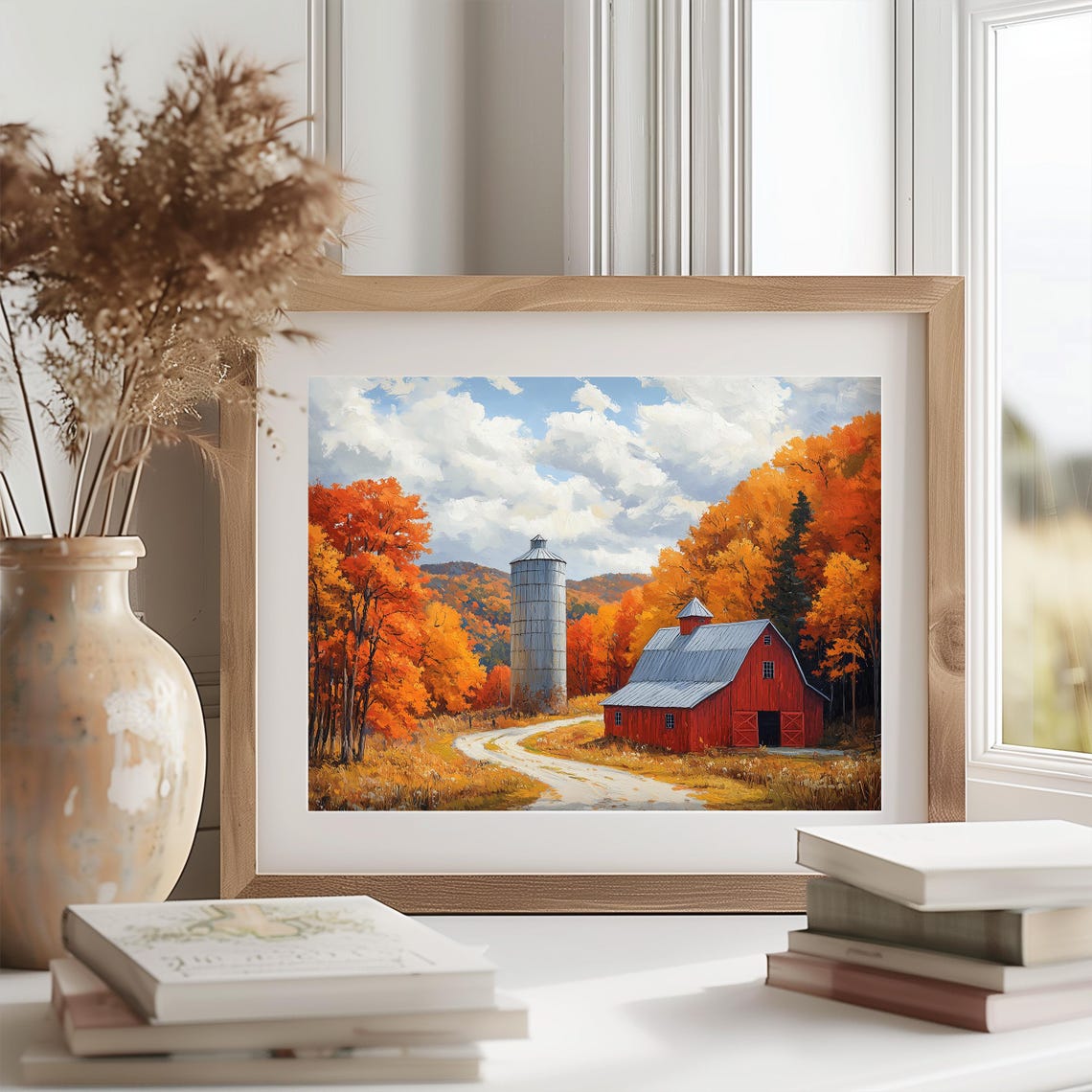 Red Barn Silo Autumn Country Road Fall Farm Landscape Wall Art - Image 2