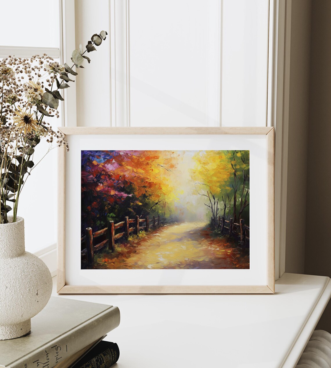 Vibrant Autumn Path With Wooden Fence Colorful Fall Forest Painting Poster - Image 6