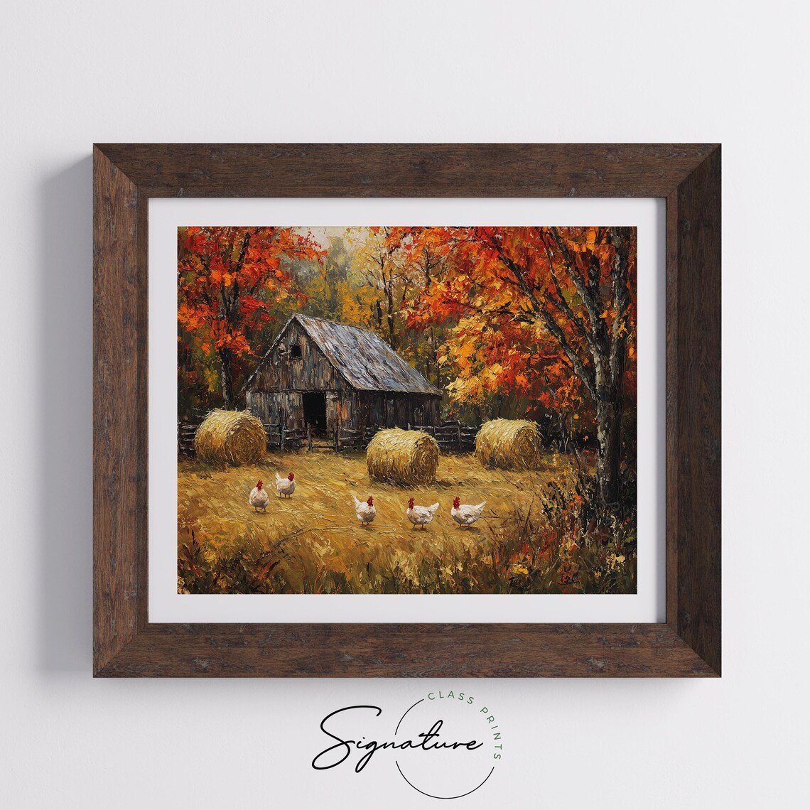 Rustic Barn Chickens Painting Autumn Hay Bales Fall Farm Landscape Poster - Image 5
