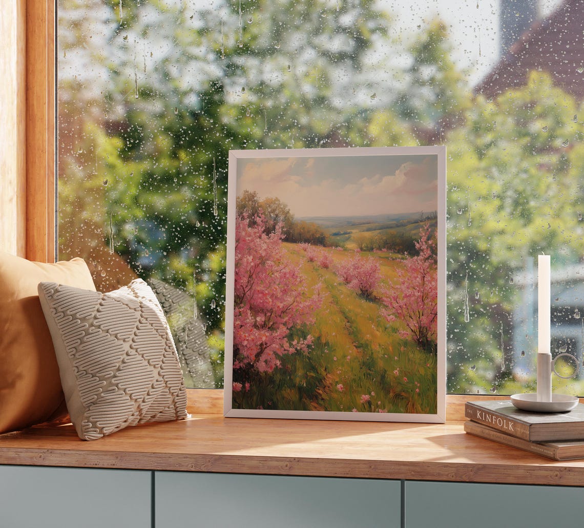 Pink Blossoms On Lush Hillside Romantic Spring Meadow Landscape Poster - Image 5